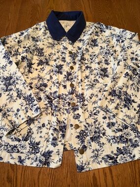 Altar’d State Floral Print Blue & White Women's Barn Jacket with Corduroy Collar